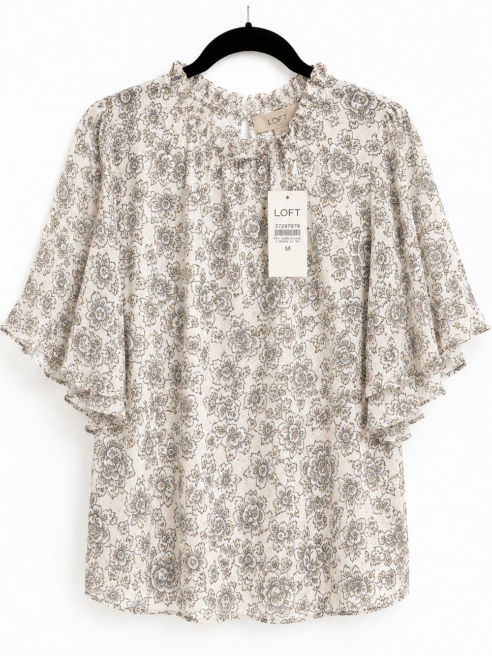 NWT LOFT Floral Flutter Sleeve Blouse Ivory Gray Gold Clip Dot 🌸Item #1002 - Picture 1 of 9